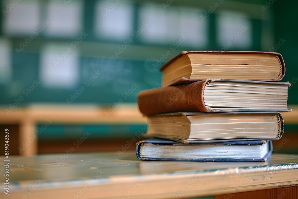 Stack of books focused classroom desk, green chalkboard blurry background Stack of books focused classroom desk, green chalkboard blurry background