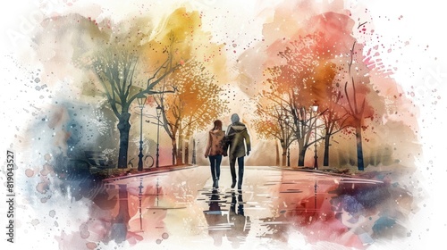 Couple in love walking in the park. Watercolor illustration. Valentine s Day