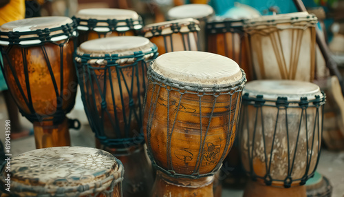 A collection of drums and tambourines are displayed in a variety of sizes