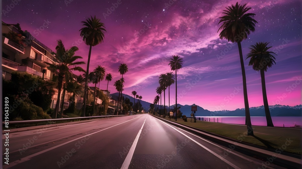view on the highway with palm trees, purple sky