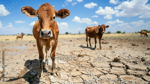 Cows in a dry field under hot sun, suffering from lack of water, earth completely cracked by drought and climate change