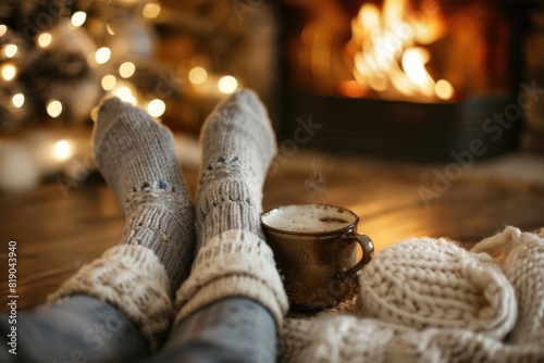 Wallpaper Mural Cozy Feet in Winterwear Socks next to Fireplace with Hot Drink Beautiful and Relaxing Scenery Torontodigital.ca