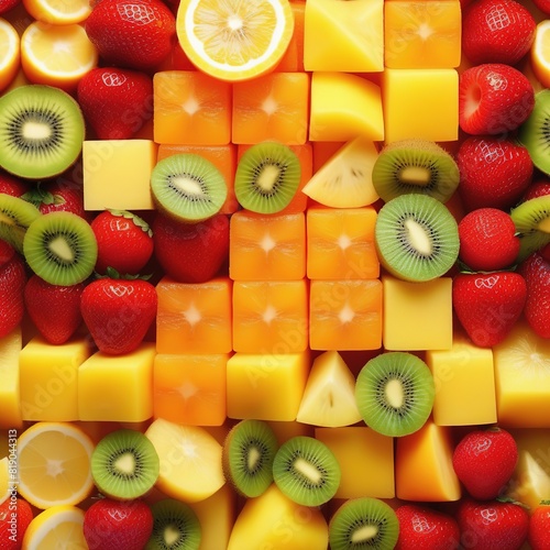 Background of fruit squares: orange, kiwi, strawberry, mango.