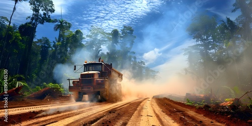 Illegal logging equipment worsens deforestation requiring strict global regulations for enforcement. Concept Environment, Deforestation, Illegal Logging, Global Regulations, Enforcement photo