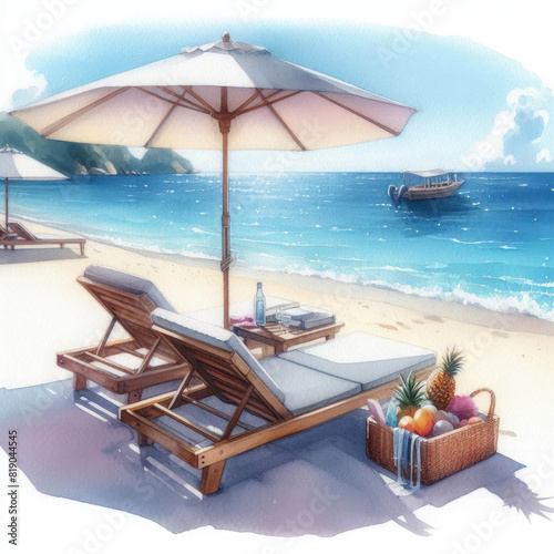 Sun loungers, umbrella and beach umbrellas on the beach, on the sandy shore of the sea, sun, ocean, sea. Watercolor illustration. Concept of tourism, vacation, cruise.