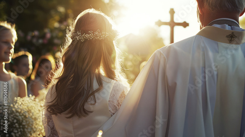 Girl with Priest During First Communion Ceremony - A Moment of Spiritual Significance photo