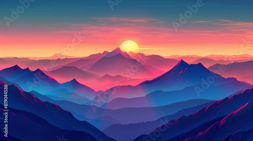 Colorful vector illustration of a sunrise over Montana's mountainous wilderness. © growth.ai