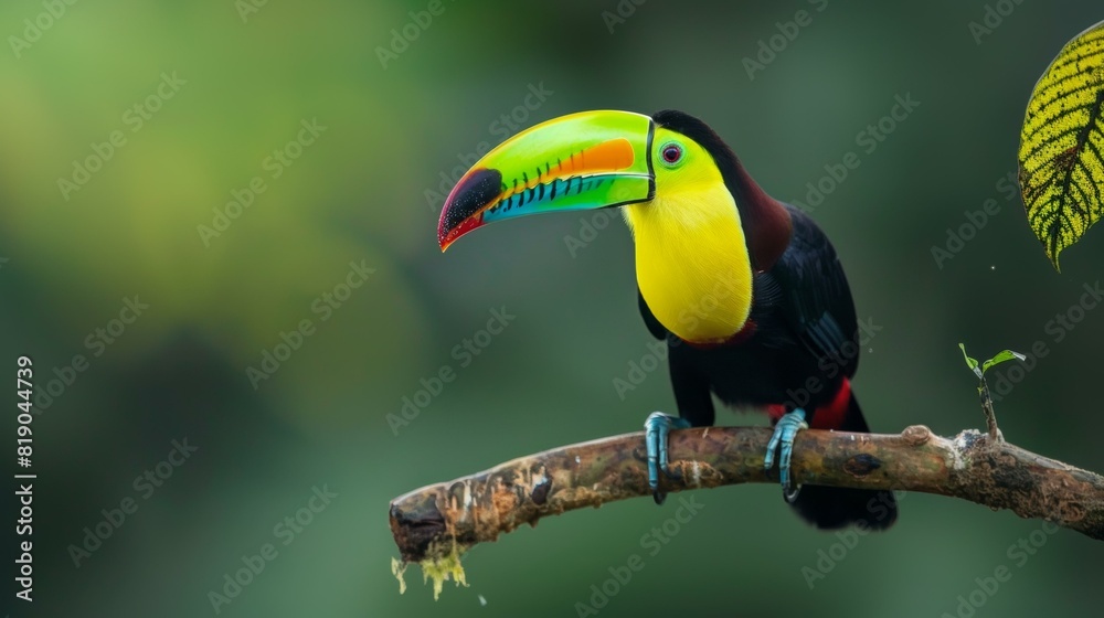 Obraz premium Colorful toucan perched on branch with vibrant green background, showcasing bright yellow chest & multicolored beak, evoking tropical wildlife themes. Copy space