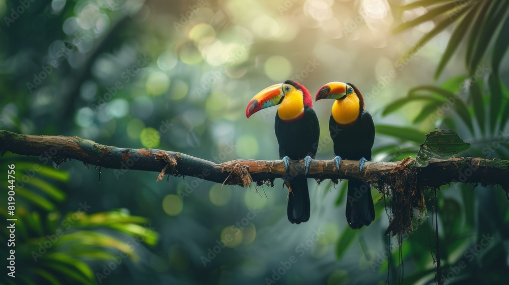 Obraz premium Enchanting tropical scene with two toucans perched on branch in lush green jungle, sunlight filtering through foliage. Exotic wildlife, nature beauty. Copy space