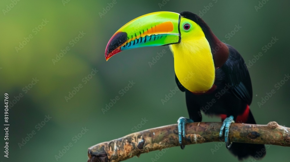 Obraz premium Colorful toucan perched on branch in tropical forest, showcasing vibrant beak & lush green background, emphasizing exotic wildlife. Copy space.