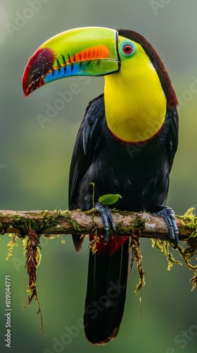 Striking colorful toucan perched on mossy branch against blurred green background showcasing vibrant tropical wildlife, suitable for rainforest themes.