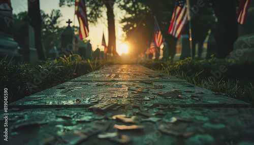 A cemetery with many American flags on the grass