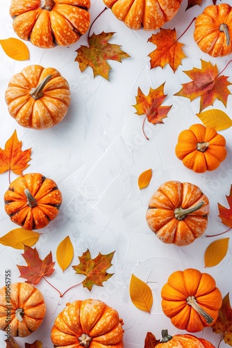 a colorful autumn scene featuring a variety of pumpkins  including orange  yellow  and orange - and - yellow varieties  surrounded by a variety of leaves in shades of brown  orange