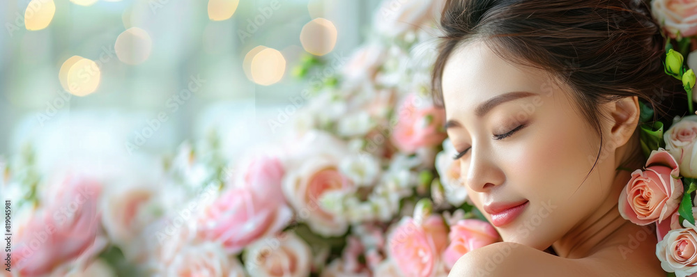 A woman is sleeping with flowers around her head. The flowers are pink and white