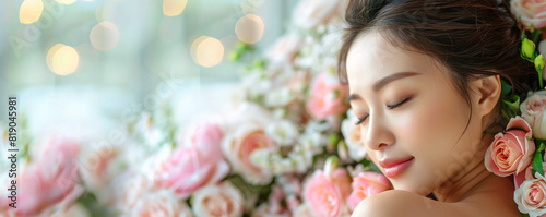 A woman is sleeping with flowers around her head. The flowers are pink and white