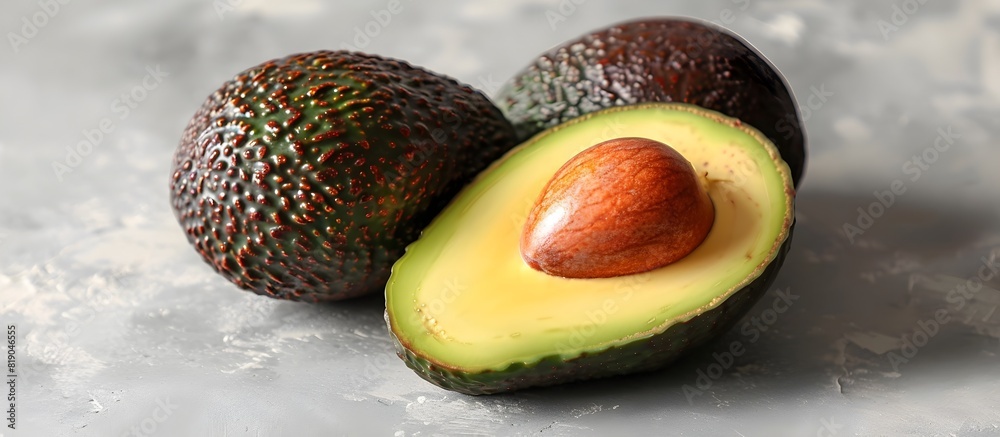 Halved Creamy Avocado on Plain Grey Backdrop with Ample Copy Space for Product or Website Graphics Halved Creamy Avocado on Plain Grey Backdrop with Ample Copy Space for Product or Website Graphics