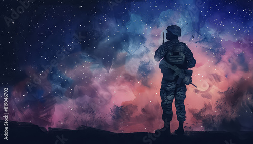 A man in a military uniform stands in front of a colorful sky with stars