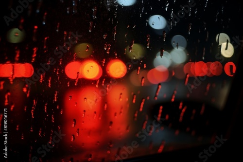 rainy night drive: red bokeh and droplets on car windshield