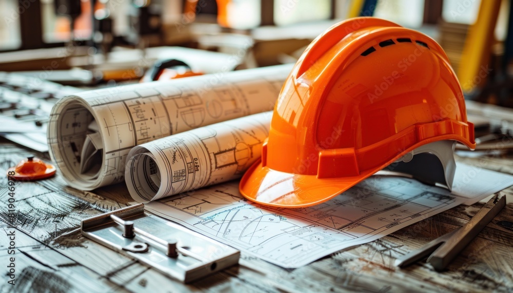 Construction Drawings on a Safety Helmet Table: Preparing for Labor Creations Construction Drawings on a Safety Helmet Table: Preparing for Labor Creations