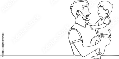 continuous single line drawing of dad holding toddler on his arm, line art vector illustration