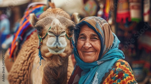 Cultural Immersion. Woman with Camel at a Traditional Market in Morocco. Camel Caravan and Trade. Slow Travel in Morocco © Vladyslav  Andrukhiv