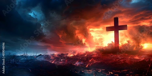 Christian cross in an apocalyptic landscape under ominous storm clouds. Concept Religious Symbolism, Natural Disaster, Ominous Atmosphere, Spiritual Faith