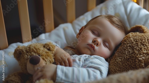 Cute baby sleeping in a crib with a teddy bear