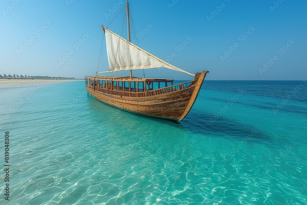 Traditional Dhow Boat in Arabian Gulf A traditional dhow boat sailing in the turquoise waters of the Arabian Gulf, representing maritime heritage