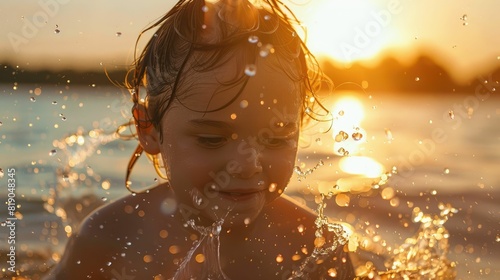 A young girl is happily swimming in the liquid landscape of the ocean at sunset, enjoying the fluid motions and reflections on the waters surface AIG50