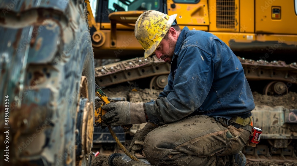 Amid heavy machinery, a construction worker is focused on using a tool, featuring his dedication and skills Amid heavy machinery, a construction worker is focused on using a tool, featuring his dedication and skills