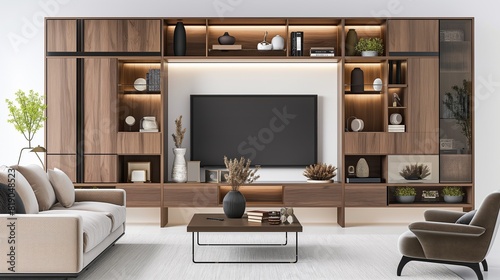 A living room with a modern minimalist furniture design against a white background.