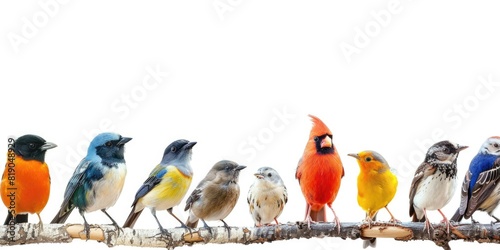 Cute different birds on isolated white backgrounds, with copy space, blank for text ads, and graphic design