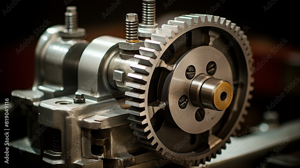 stainless steel gears, many different industrial parts against the background of drawings. Concept: mechanisms and elements stainless steel gears, many different industrial parts against the background of drawings. Concept: mechanisms and elements