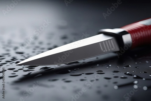 A close-up of a sharp knife with a red handle, resting on a wet surface with water droplets. The image highlights the blade's sharpness and durability