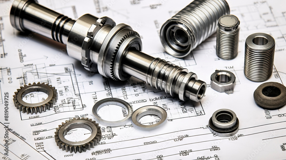 stainless steel gears, many different industrial parts against the background of drawings. Concept: mechanisms and elements stainless steel gears, many different industrial parts against the background of drawings. Concept: mechanisms and elements