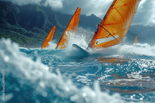 Windsurfing on Tropical Waves Windsurfers riding the waves in a tropical destination, showcasing the thrill of wind-powered water sports © create