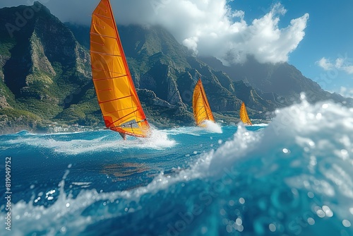 Windsurfing on Tropical Waves Windsurfers riding the waves in a tropical destination, showcasing the thrill of wind-powered water sports