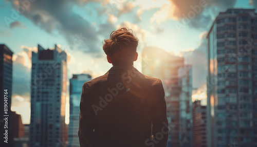 A man is standing in front of a city skyline, looking up at the sun © terra.incognita