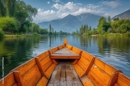 Wooden Shikara Boat in Dal Lake A traditional wooden shikara boat on Dal Lake in Kashmir, India, showcasing local watercraft