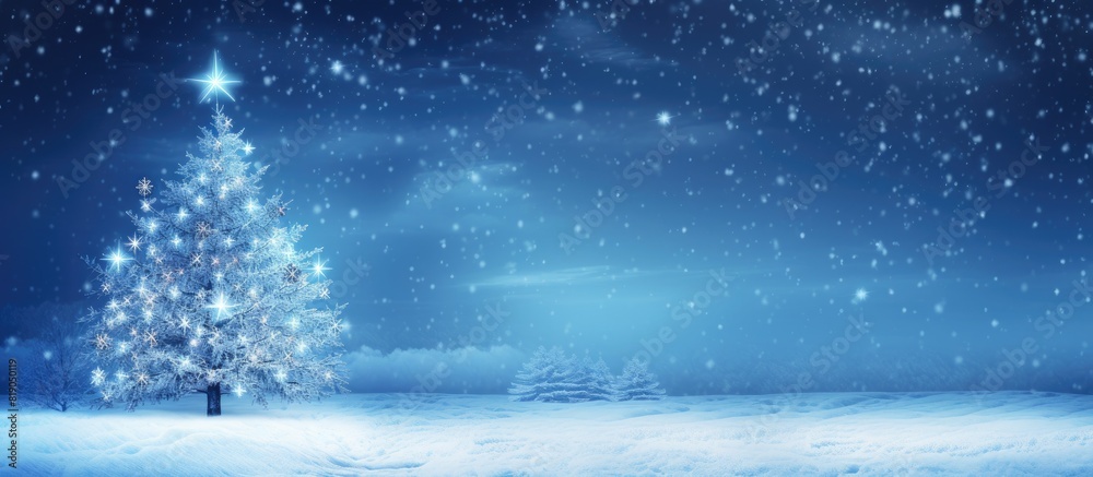 Winter background Christmas tree on snow and blue lights Christmas background with falling snowflakes copy space For a greeting or message about promotions and sales Winter background Christmas tree on snow and blue lights Christmas background with falling snowflakes copy space For a greeting or message about promotions and sales