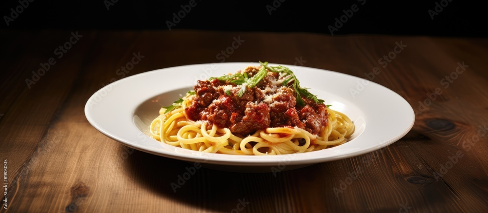 Beef pasta with napoli sauce on white plate on wooden table background. copy space available Beef pasta with napoli sauce on white plate on wooden table background. copy space available