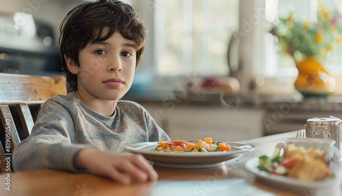 A boy is sitting at a table with a plate of food in front of him
