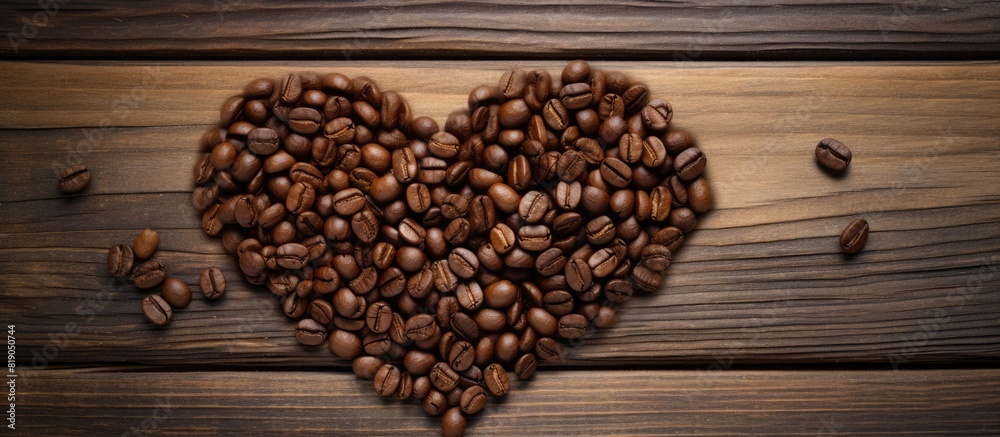Coffee beans placed in shape of heart on old wooden background. copy space available Coffee beans placed in shape of heart on old wooden background. copy space available