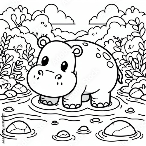Adorable Hippopotamus Family Coloring Page for Kids