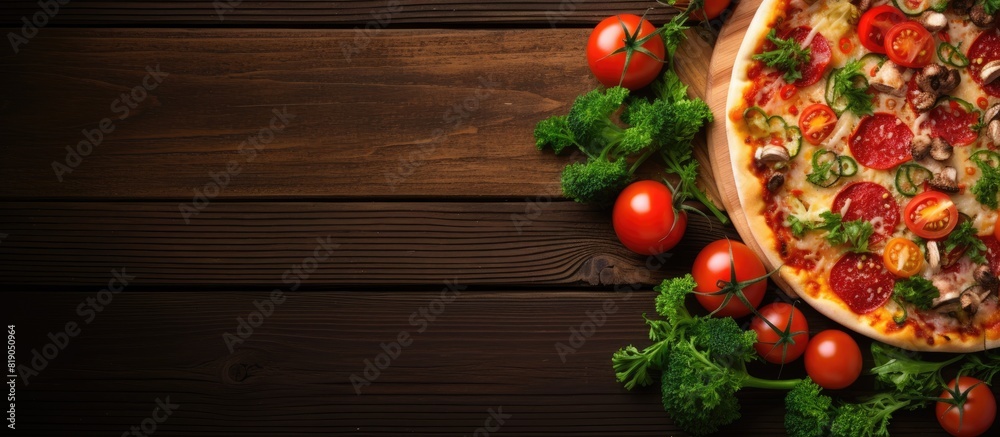 pizza on the board colored background with vegetables and garlic. copy space available pizza on the board colored background with vegetables and garlic. copy space available