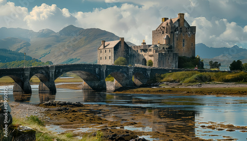 A bridge spans a river in front of a city with a castle in the background