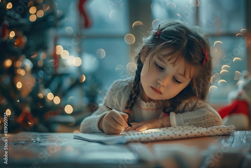 Cute little girl is writing wishlist letter to Santa Claus. photo