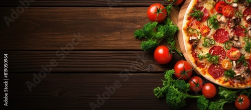 pizza on the board colored background with vegetables and garlic. copy space available