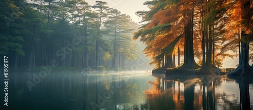 Metasequoia grows by the lake. copy space available photo