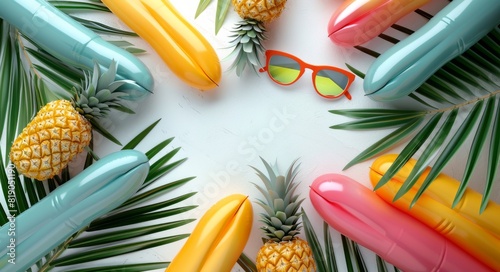 Various colorful swimsuits, sunglasses, and floats are displayed